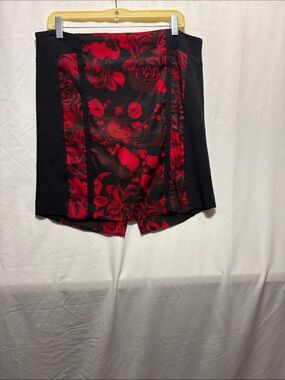 Cache Black and Red Floral Panel A-Line Skirt